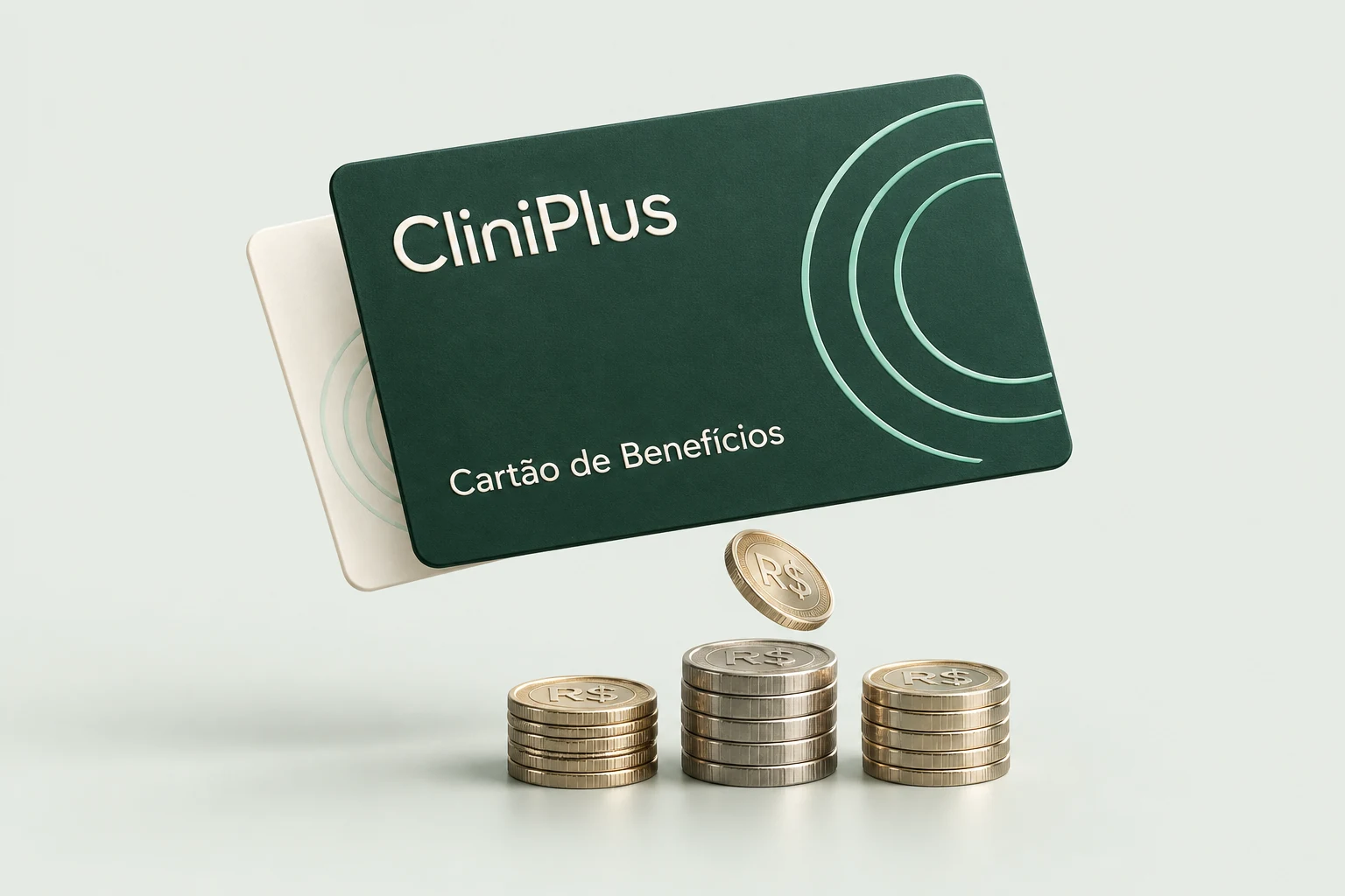 Ilustração de um cartão CliniPlus verde com moedas em reais, representando as mensalidades do programa de benefícios.