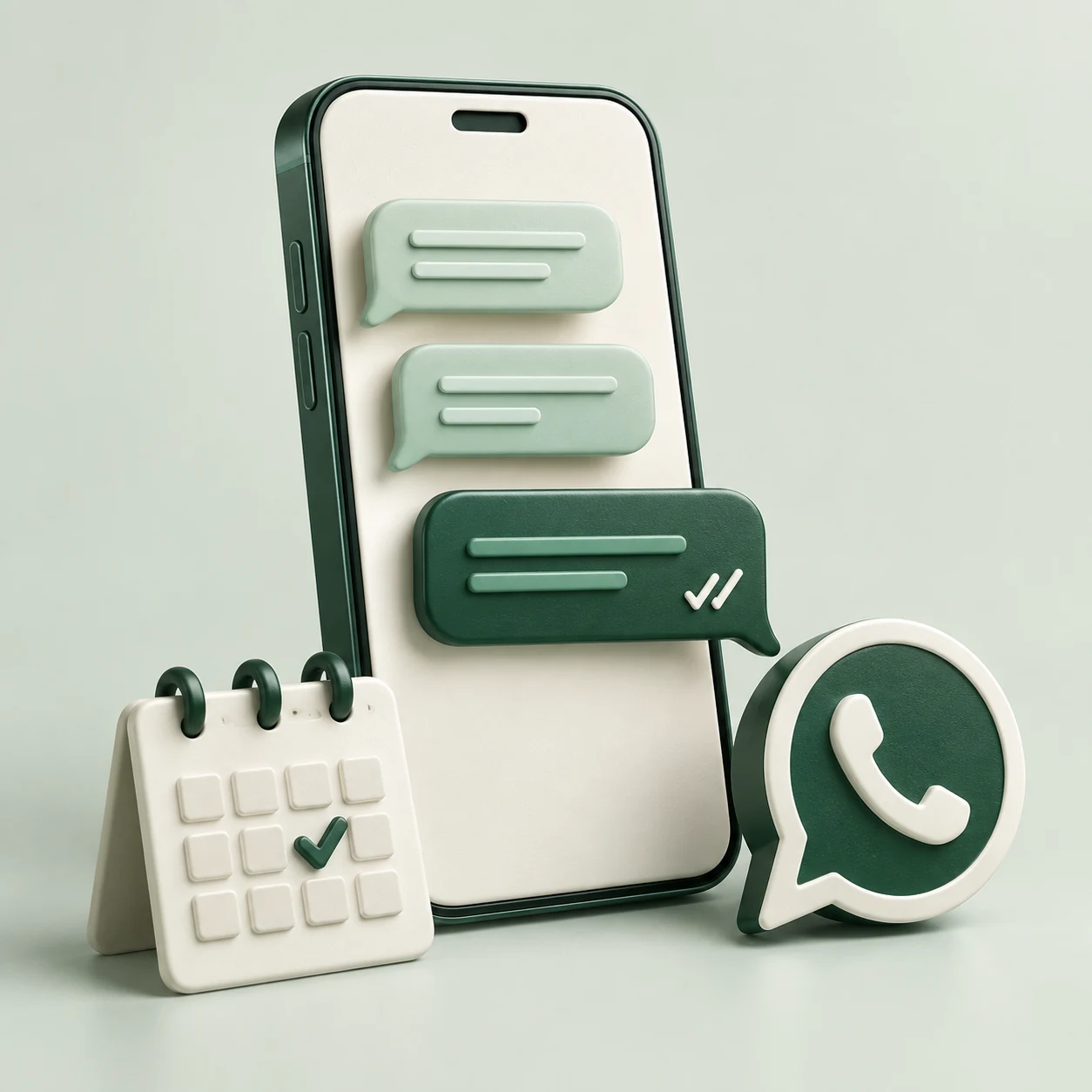 Ilustração 3D de um celular com mensagens, símbolo do WhatsApp e calendário com confirmação, em verde e marfim.